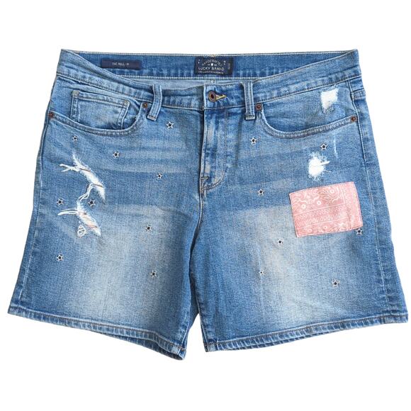 Lucky Brand Womens Denim Shorts Bandana Patchwork Star Embroidery Bermuda 12 31 - Picture 1 of 4